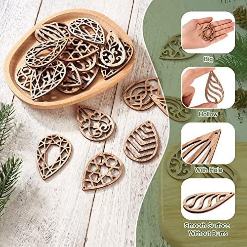 Elecrelive 100pcs Wood Earring Blanks Filigree Teardrop Pendants Unfinished Wooden Cutout Craft Wood Pieces for DIY Jewelry Making Hanging Ornaments