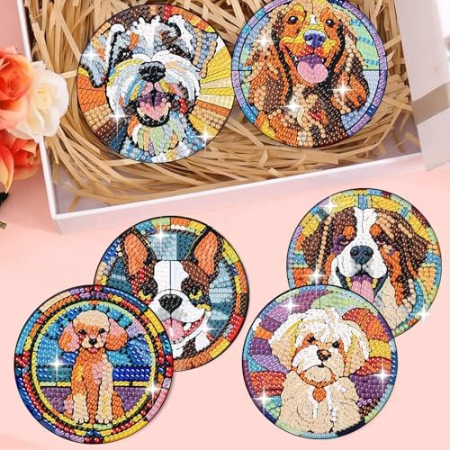 Zythron 8 Pack Dog Diamond Art Coasters,Diamond Painting Coasters Kits