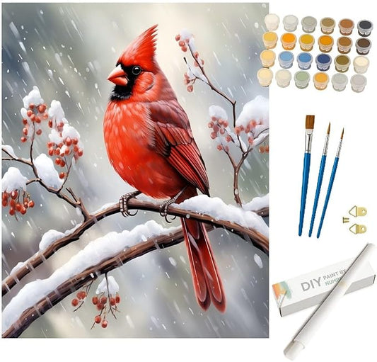 Red Cardinal Paint by Numbers Kit for Adults - DIY Bird Painting on Rolled Canvas 16x20 Inches, Adults' Paint-by-Number Kits Acrylic Paint Set for Beginners, Wildlife Art Kit for Home Wall or Gifts