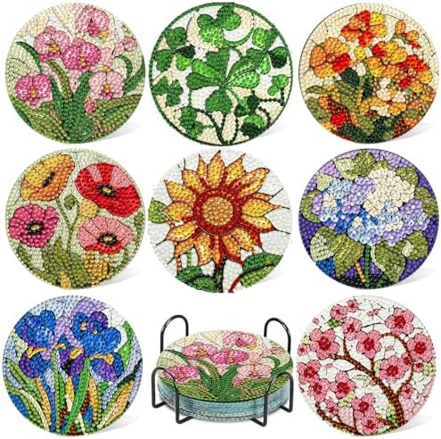 CRZMODE 8 Pcs Stained Glass Flower Diamond Art Coasters Kits, Diamond Painting Coasters