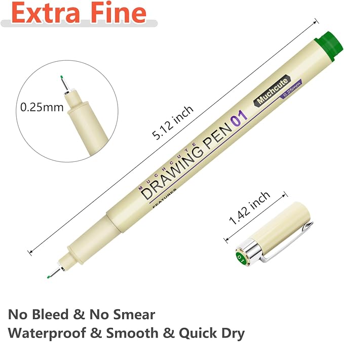 Muchcute 01 Micro Fineliner Drawing Art Pen,12 Colors 0.25mm No Bleed Bible | Waterproof Colored Fine liner Smooth Extra Fine Point, Journal Zentangle Study Supplies, Ultra Line Needle Tip Thin Gel Felt