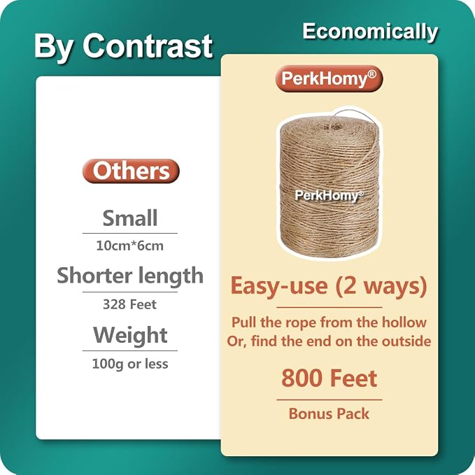 PerkHomy 800 Feet Natural Jute Twine Long Twine String for Crafts Gift Wrapping Packing Gardening Crochet Knitting Macrame Decor (800 FT * 2mm (3Ply))