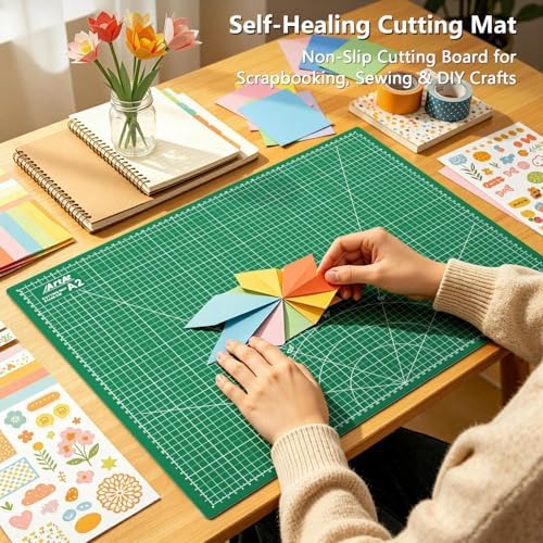 ArtAt Self Healing Cutting Mat: 18″x 24″ Green Double Sided, Non-Slip 5 Layers PVC Durable A2 Sewing Craft Mat for Rotary Cutter, Use for Quilting, Scrapbooking and Craft & Art Projects…