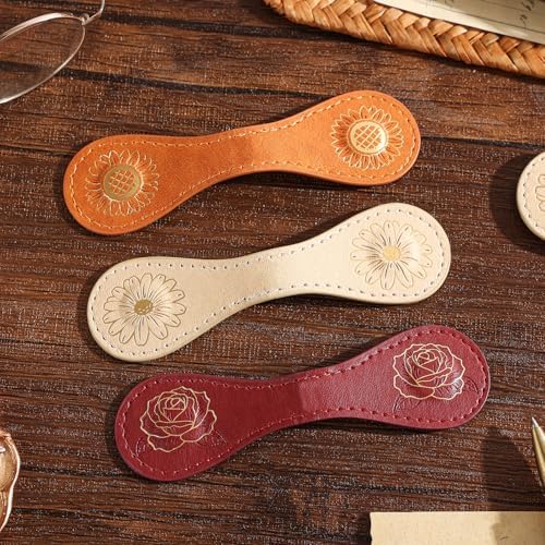 3PCS Vintage Magnetic Leather Bookmark, Leather Magnetic Bookmarks for Women, Magnetic PU Bookmarks Clip Book Accessories, Gilded Flower