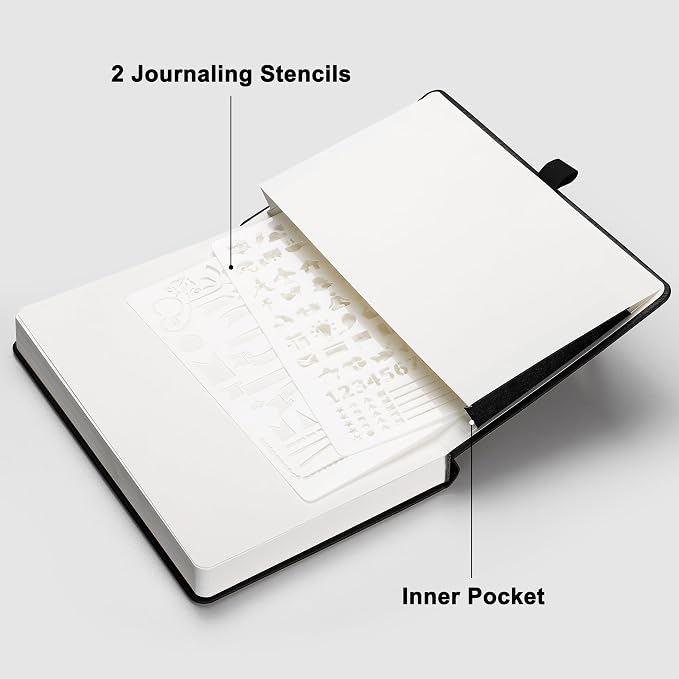 RETTACY Dotted Journal Notebook, 192 Pages, A5 Medium Size (5.7'' x 8.3'') | Leather Hardcover, 100 GSM Thick Paper, for Journaling, Planning, Tracking (Black)