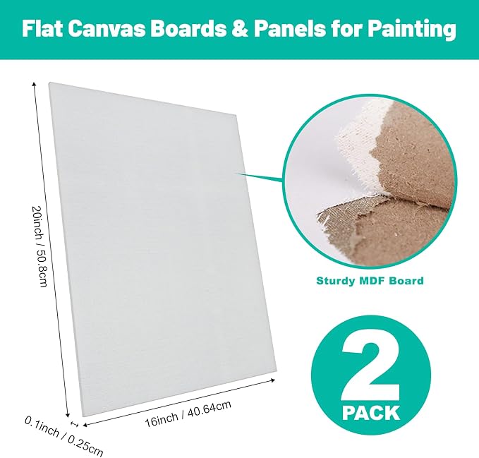 Canvas Boards 2-Pack 16"x20" – Flat Canvas Panels, Primed Polyester | Rigid Flat Panel, Acid-Free Primed Surface, Warp-Resistant Backing, Smooth Painting Texture, Ideal For Acrylic & Oil Painting