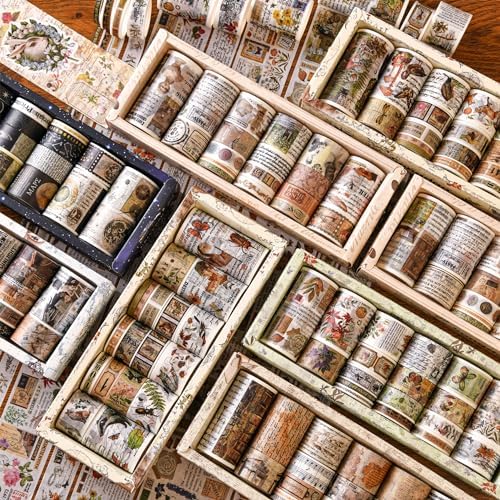 18 Rolls Vintage Washi Tape Pack Retro Arts Adhesive Tapes Wide Monologue Decorative Masking Tape Sets for Craft, Kids, Scrapbook, DIY, Gift Wrapping (Misty Forests)