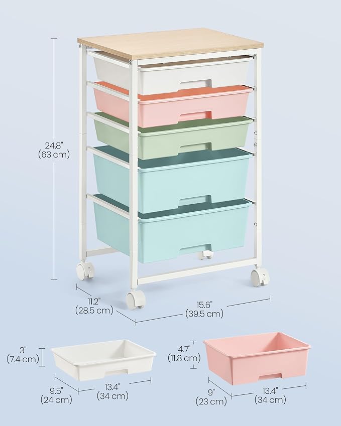 VASAGLE Rolling Cart with Drawers,5 Drawers Storage Cart, Multicolor