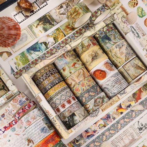 Vintage Washi Tape Set - 24 Rolls Arts Adhesive Tapes Assorted Retro Decorative Masking Tape Sets for Craft, Kids, Scrapbook, DIY, Gift Wrapping (3-Ocean Odyssey)