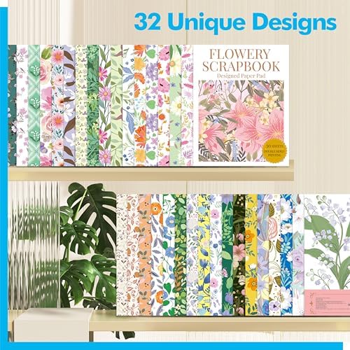 30 Sheets Flowery Pattern Paper Pad, Double-Sided Floral Scrapbook Paper with Vintage Greenery Design, Decorative Scrapbooking Supplies For Card Making, Album, Stamping, Background Decoupage