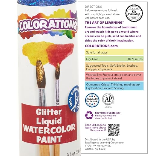Colorations Paraben-Free Glitter Liquid Watercolor Paint, Vibrant Orange