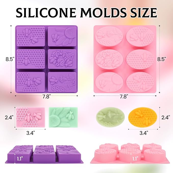 SJ 3D Bee Honeycomb Soap Mold Set, 2-Pack 6-Cavity Silicone Soap Molds | For Soap Making, Wax Melts, Beeswax, Cake & Chocolate, Food Grade Silicone, Easy Release, Reusable