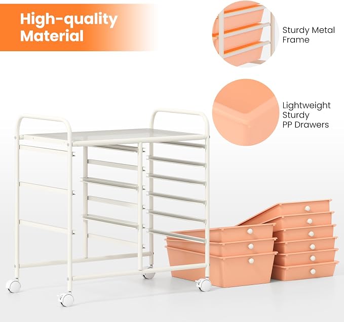 Giantex 9 Drawers Rolling Cart, Classroom Organizers, Storage Cart with Wheels, for Teacher Office Home School Supplies Tool Craft Art Paper, Peach Fuzz