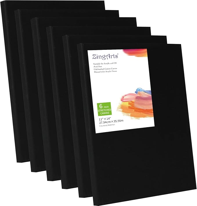 Black Canvas,11x14 Inch 6-Pack, 100% Cotton Primed Acid-Free Stretched Black canvases for Painting, Art Supplies for Acrylic Pouring, Oil Painting and Watercolor Paints