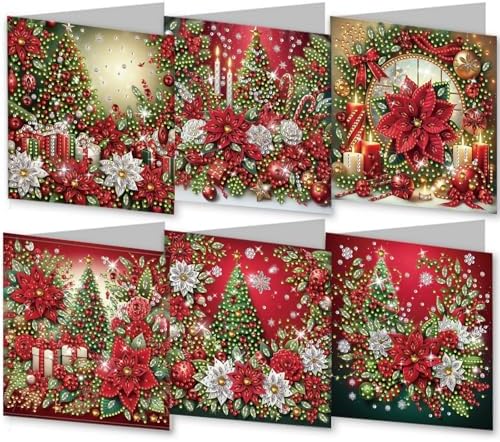 6Pcs Christmas Greeting Card DIY Diamond Art Painting Greeting Cards Blessing Folding Card Kit with White Envelopes Diamond Arts Crafts for Birthday Festival Gift-Poinsettia