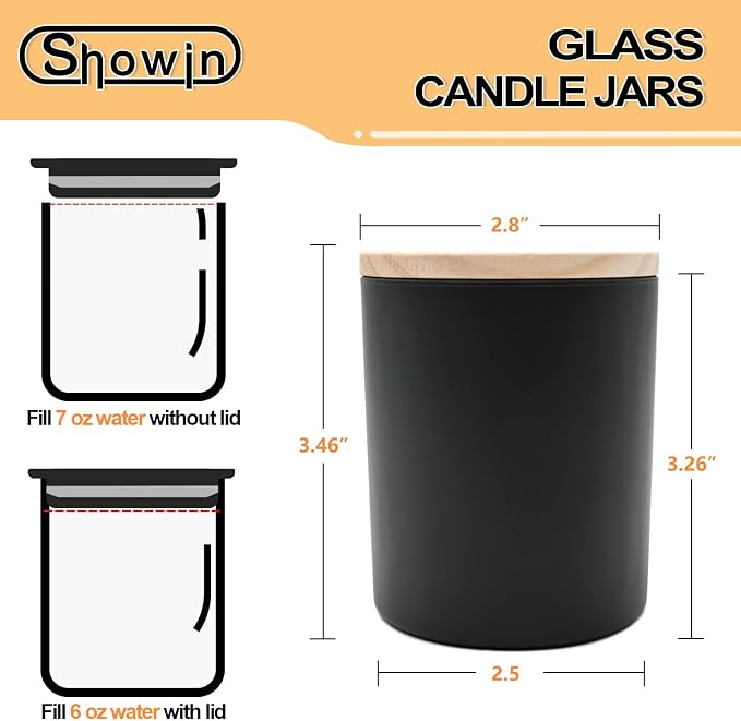 SHOWIN Thick Candle Jars for Making Candles 12 Pcs, 7 OZ Empty Jars with Wood Lids for Candle Making, Sample Container, Matte Black