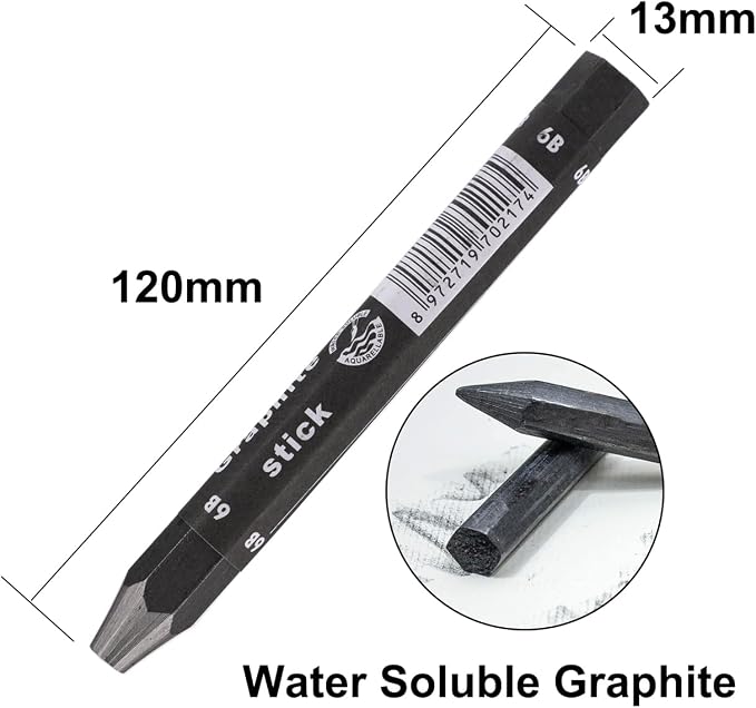 Graphite Sticks for Drawing- Water Soluble -Soft 4B 6B 10B, Artist Graphite Sticks Pencil Set for Sketching, Shading, Pack of 3 Pcs
