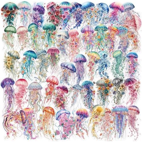 50PCS Floral Jellyfish Stickers for Journaling - Clear Watercolor Ocean Fantasy Scrapbook Stickers, Botanical Marine Life Aesthetic Decals for Planner, Junk Journal, Collage, Crafts Decoration