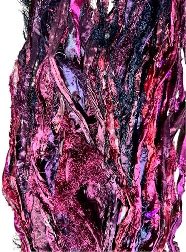 Maker's Craft Recycled Fuzzy Fringes Sari Silk Ribbon Yarn 35yards, 100Grams for DIY Knitting Crocheting Gift Wrapping, Christmas Decoration, Macrame Makers, Jewelry Making, Rugs Hooking (Maroon)