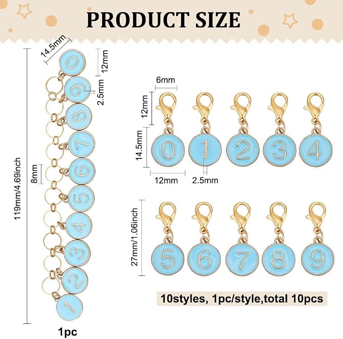 BENECREAT 11Pcs Alloy Enamel Number 0~9 Knitting Row Counter Chains and Blue Enamel Charm Locking Stitch Markers with Lobster Claw Clasps for Knitting Weaving Sewing Accessories