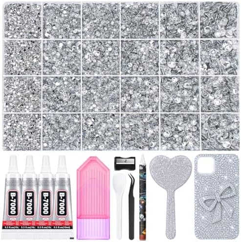 32000 Pcs Resin Jelly Rhinestones Kit, Silver Clear Flatback Rhinestones 3mm (2–6mm Size Options), Crystal Bedazzling Kit with 4 Pcs B7000 Glue & Tools for Nail Art, DIY Crafts & Clothing Decoration
