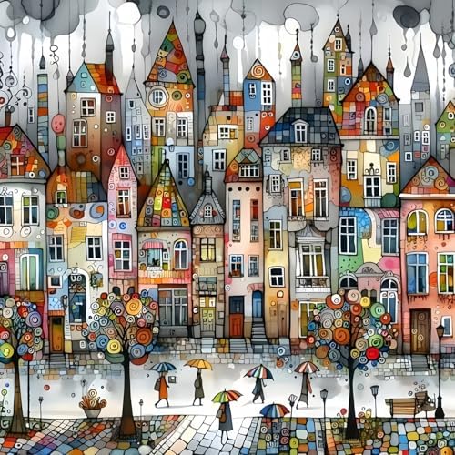 Acelii 5D Diamond Art Kits for Adults Beginners,Rainy Town DIY Full Round Drill Diamond Painting Kits, Paint by Diamonds Dots Gem Art Easy,Home Wall Decor 14X14 Inch