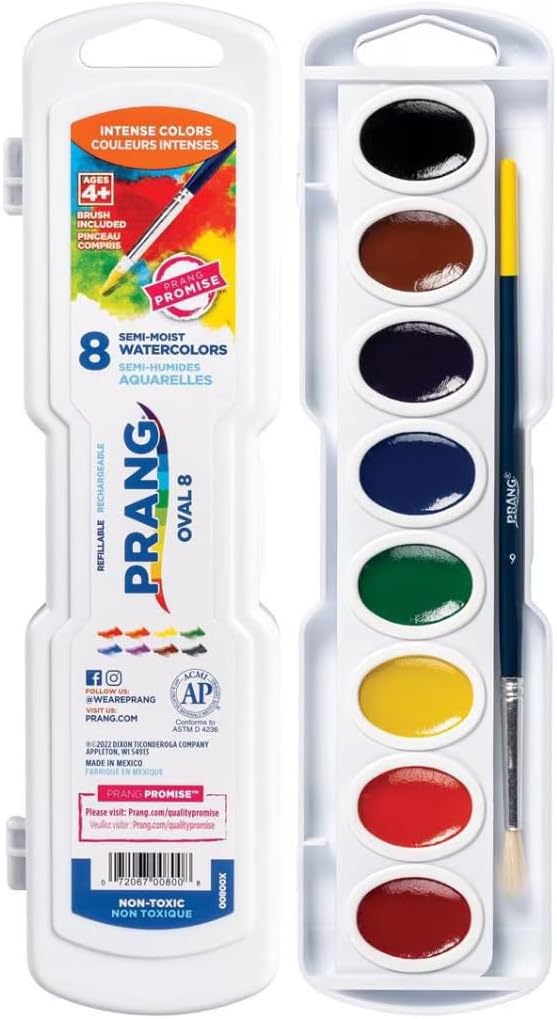 Prang Semi-Moist Watercolors 8-Color Oval Pan Set, Class Pack of 36 | Refillable, Wax-Free Pigments, Mixing Tray in Lid, Size 6 Paintbrush Included
