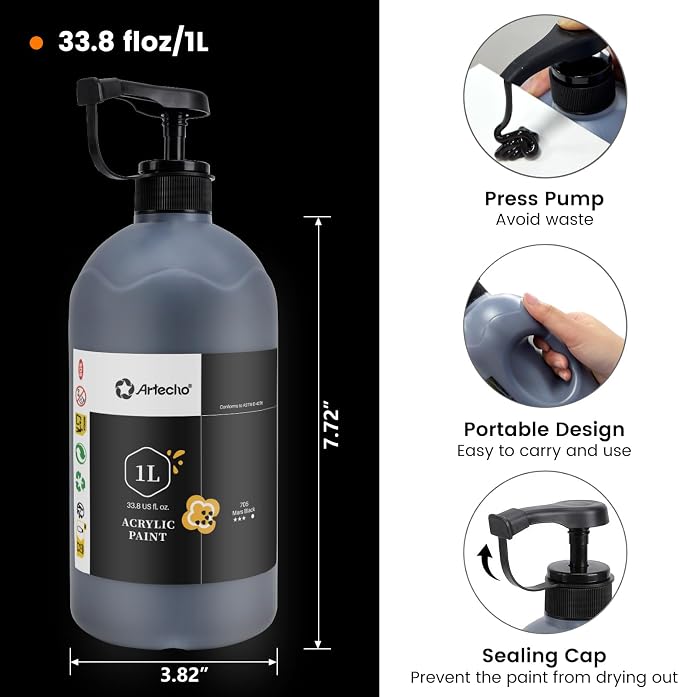 Artecho Mars Black Acrylic Paint 1000ml / 33.8 fl oz Pump Dispenser