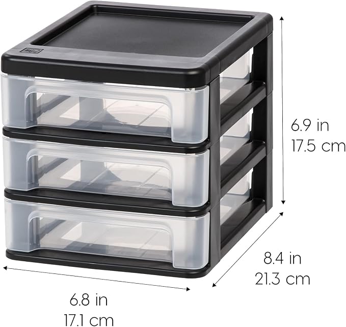 IRIS USA 2-Pack, 3-Drawer Small Plastic Stacking Desktop Organizer, Black