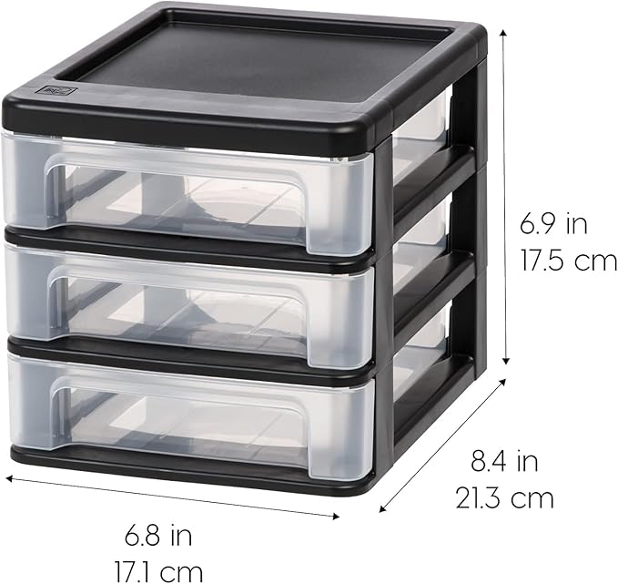 IRIS USA 4-Pack, 3-Drawer Small Plastic Stacking Desktop Organizer, Black