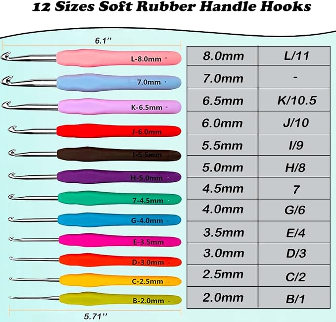 Yarniss 12 Size Crochet Hooks 2.0~8.0mm,Ergonomic Crochet Hook for Beginner | Crochet Set with Soft Grip