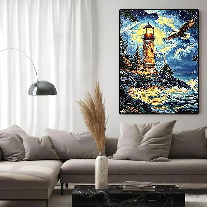 YUXUANKANG Diamond Painting Kit, Lighthouse and Eagle Scene, 12x16 Inch, DIY Craft Activity for Adults, Multicolor Resin