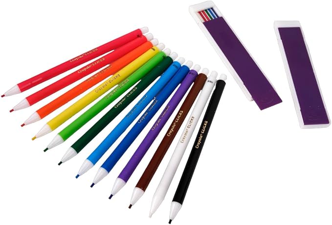 Crayola Clicks 2.0mm Mechanical Colored Pencil Set, 12 Assorted Colors, Coloring Pencils for Kids, No Sharpen, 24 Replacement Cores, Ages 5+