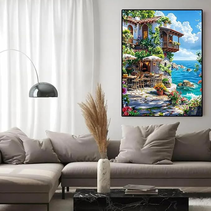 YUXUANKANG Diamond Painting Kit, Coastal Cliffside Cafe Scene, Colorful Floral Ocean View, DIY Art Craft 12X16inch