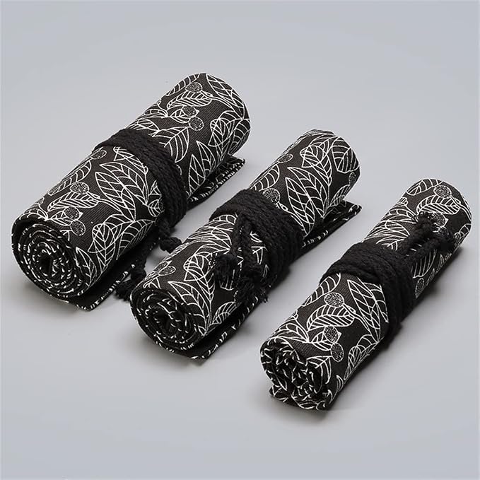 DIYOMR 24/36/72 Slots Pencil Wrap Pencil Rolls, Artist Colored Pencils Roll Up Bag Short Brushes Pouch Case Pencils Organizer for Drawing Coloring and Sketching,No Pencils (Black Leaves, 72slots)