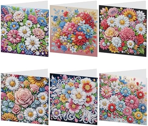 antor 6 pcs Diamond Painting Greeting Card Kits - Beautiful Floral Design with Fine Glitter, 5D DIY Creative Special Shaped Diamond Art Cards for Birthday Holiday Congratulations Crafts Gifts