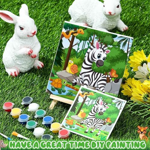 Tenceur 24 Pack 216 Piece Pre Drawn Canvas to Paint for Kid Adult 6 x 6 Inch Stretched Coloring Painting Canvas Panels with Design Easel and Brushes for Party Supplies Beginner Favor(Animals)