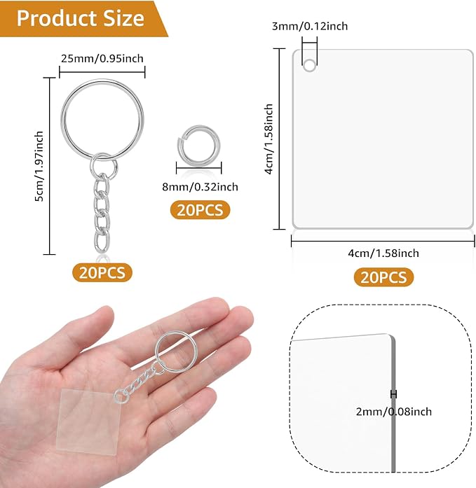 Acrylic Keychain Blanks Set Including 20Pcs Square Clear Acrylic Blanks with Hole 20 Key Chain Rings and 20 Open Jump Rings Clear Ornament Blanks for Keychains DIY Craft Jewelry Labels Gifts Packaging