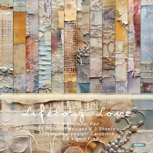 Vintage Junk Journal Paper Pad, 6 x 6 Inch Shabby Chic 160gsm Cardstock, 24 Sheets Retro Pearl & Tattered Letter Craft Paper for Anniversary Cards, DIY Scrapbooking