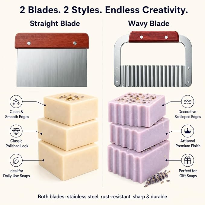 PIUH Soap Cutting Tool Set with Soap Cutter Base and 2 Cutter Slicer | Plastic Loaf Soap Mold Cutter + 2 Pcs Straight / Wavy Stainless Steel Cutter Slicer and Packing Supplies for Adults