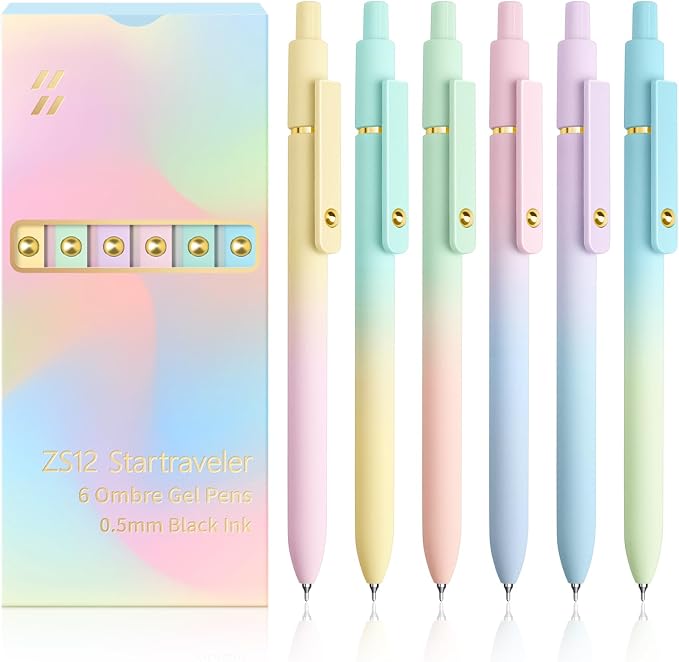 YOXMJDB Gel Pens, 6 Pcs 0.5mm Fine Point Smooth Writing Pens Japanese Cute Pens, High-End Series Black Ink Pens for Journaling Note Taking, School Office Supplies for Women Men (6 Pcs Ombre)