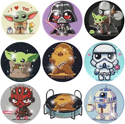 nekpiahu 8 PCS Cartoon Diamond Art Coasters Kits, Diamond Painting Coasters with Holder, DIY Cartoon Life Coaster Diamond Art Kits for Adults, Beginners Round Full Drill Diamond Art Craft Supplies