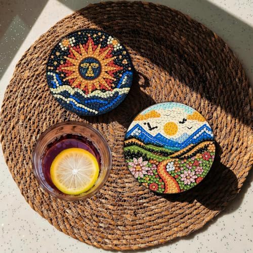 CRZMODE 8 Pcs Landscape Abstract Diamond Art Coasters Kits, Diamond Painting Coasters with Holder Set of 8, DIY Abstract Art Crafts Supplies for Adults Cup Mat House Warming Gifts Non-Slip