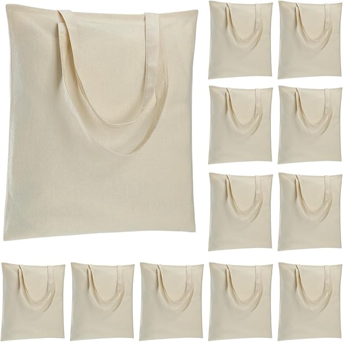 Carbrea 12 Pack Large Canvas Tote Bags Bulk, Reusable Grocery Bags - Beige | Lightweight, 5oz Natural Canvas, Reinforced Stitches, Blank Design, Ideal for Shopping DIY Sublimation Activity Gift