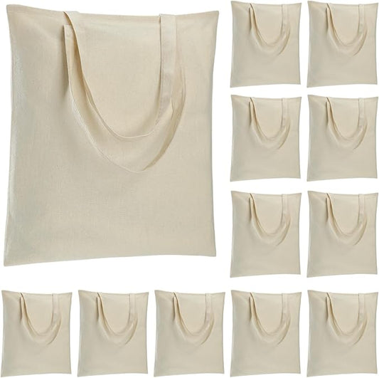 Carbrea 12 Pack Large Canvas Tote Bags Bulk, Reusable Grocery Bags - Beige | Lightweight, 5oz Natural Canvas, Reinforced Stitches, Blank Design, Ideal for Shopping DIY Sublimation Activity Gift