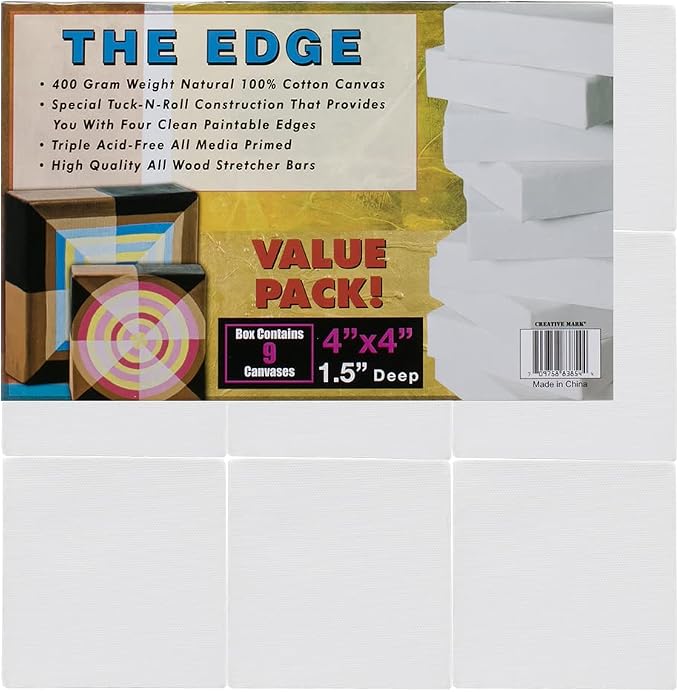Creative Mark The Edge Deluxe Cotton 1-1/2" Deep Stretched Canvas for Painting, 4x4 Pack of 45, 14oz. Primed Weight, Universal Archival Priming, Medium Tooth, Frameless Artwork Canvas for Painters