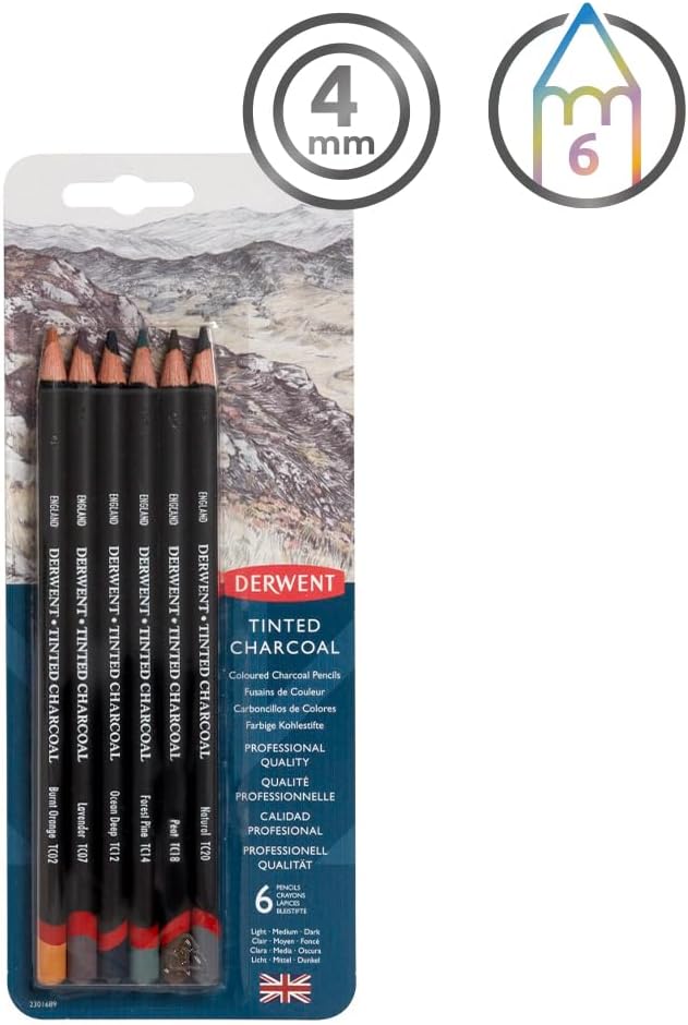 Derwent Tinted Charcoal Pencils, 4mm Core, Pack, 6 Count (2301689)