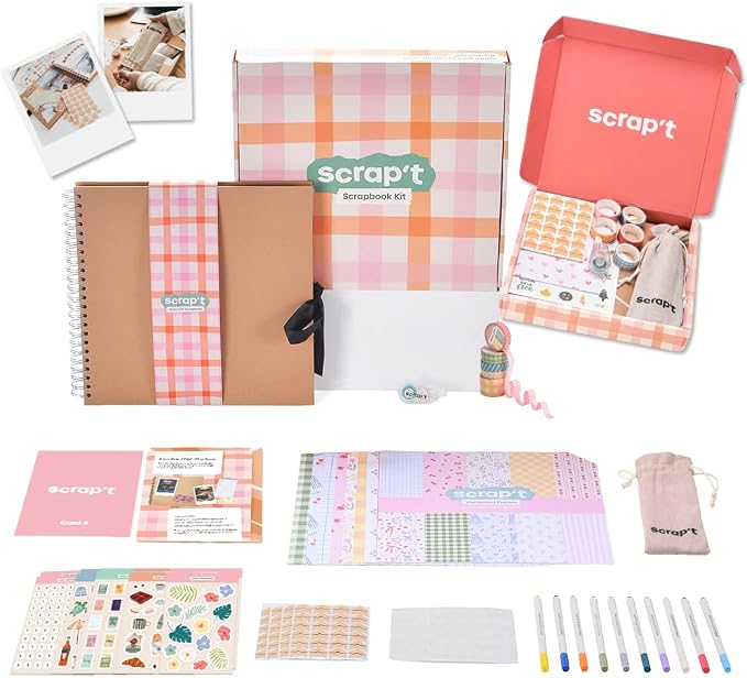 Scrapbook Kit - Large 80 Page Photo Album DIY Scrapbook - Holds 300+ Photos, With Metallic Pens, 200+ Stickers, Glue Pen, Washi Tapes, Backing Paper, Photo Corner Stickers (Starter Kit - 12 x 12 Inch)