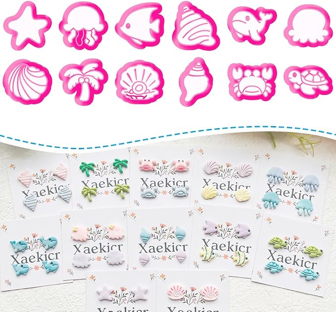 Ocean Life Polymer Clay Cutters Set - 12pcs Sea Creatures Shapes Including Starfish, Jellyfish, Seashell, Turtle, Crab & Palm Tree for DIY Earring Jewelry, Scrapbooking & Miniature Decor