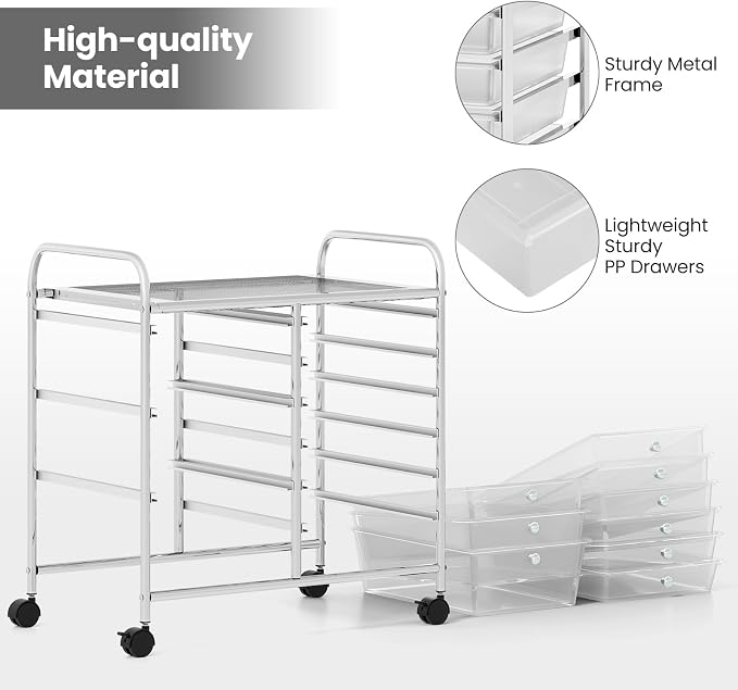 Giantex 9 Drawers Rolling Cart, Classroom Organizers, Storage Cart with Wheels, for Teacher Office Home School Supplies Tool Craft Art Paper, Clear